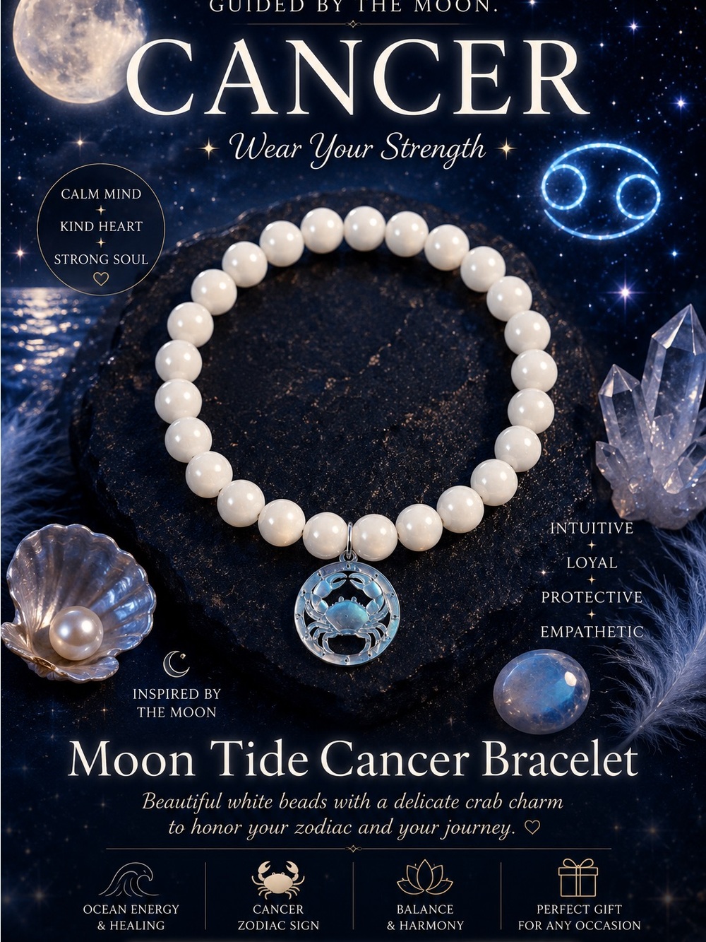 Moon Tide Cancer Bracelet - White Beaded Zodiac Charm by